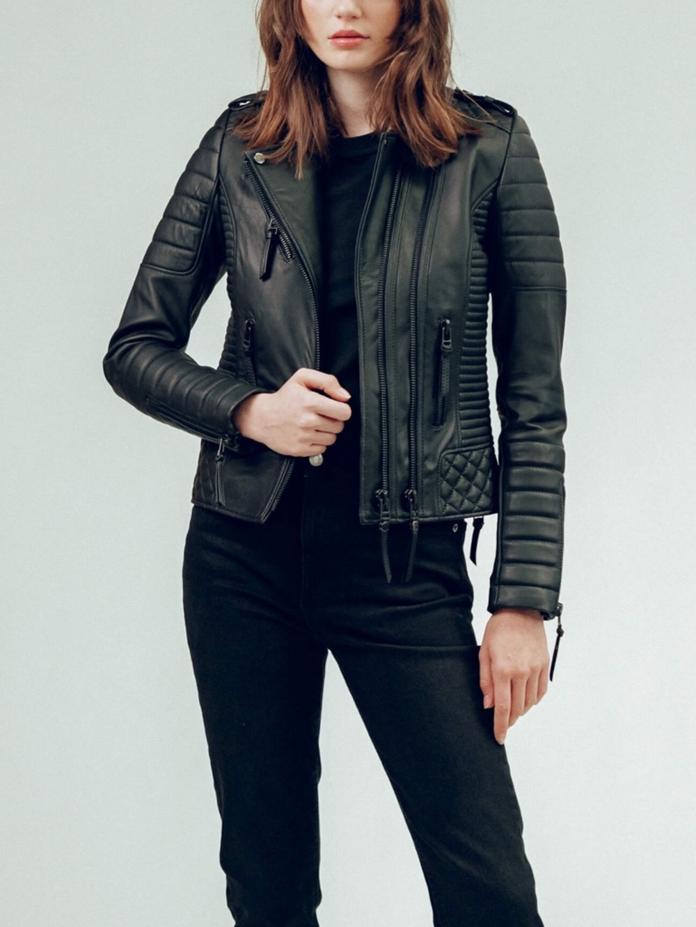 Boda Skins Kay Michaels Leather Jacket Black Moto Gunmetal US 4 Small